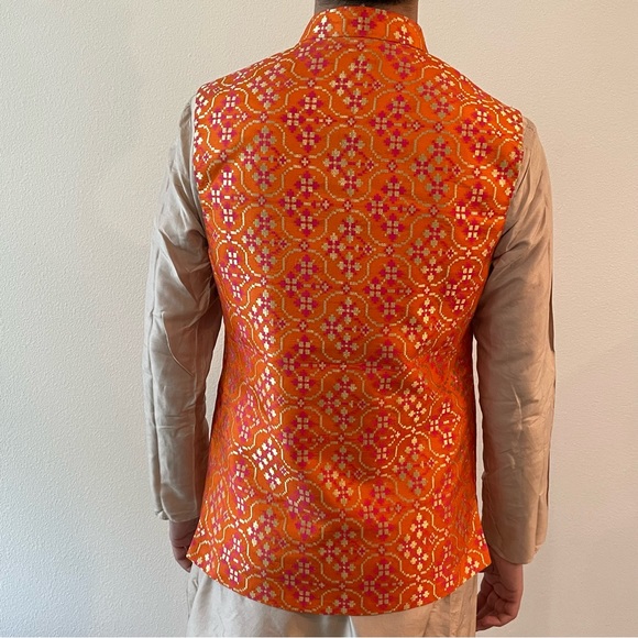 Men’s Orange Waistcoat Nehru Jacket (with pink pocket square) - Picture 3 of 7